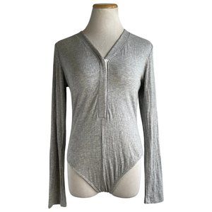 FASHION NOVA Bodysuit XL Gray Snap Front Henley NWT Long Sleeve Matilda Ribbed